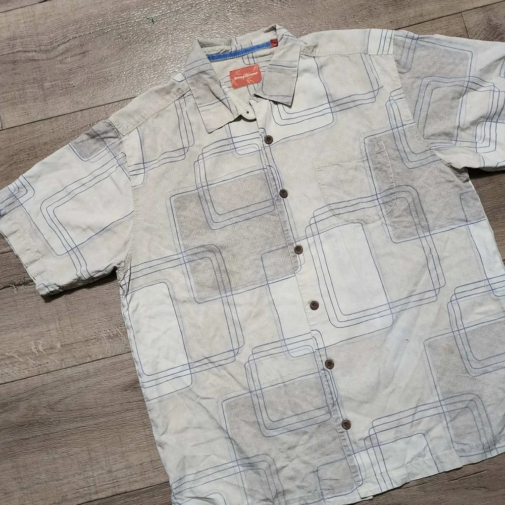 Tommy Bahama Men Large 100% Silk Short Sleeve Button Down Shirt Geometric Square